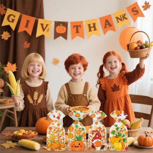 50Pcs Fall Thanksgiving Treat Bags, Happy Thanksgiving Candy Bags, Plastic Thanksgiving Goodie Bag, Fall Treat Goodie Cellophane Gift Bags with Twist Ties for Fall Party Decorations Supplies Favors