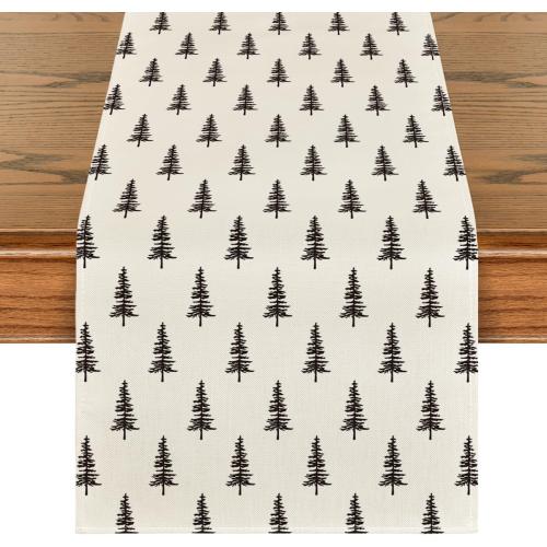 Artoid Mode Beige Xmas Tree Christmas Table Runner, Seasonal Winter Kitchen Dining Table Decoration for Home Party Decor 13x90 Inch