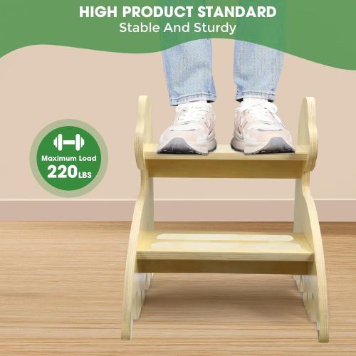 Toddler Step Stool, 2-Step Wooden Step Stool for Toddlers with Non-Slip Base, Cute Printed Design Potty Training Stool for Bathroom Sink, Kitchen & Bedroom (Dinosaur)