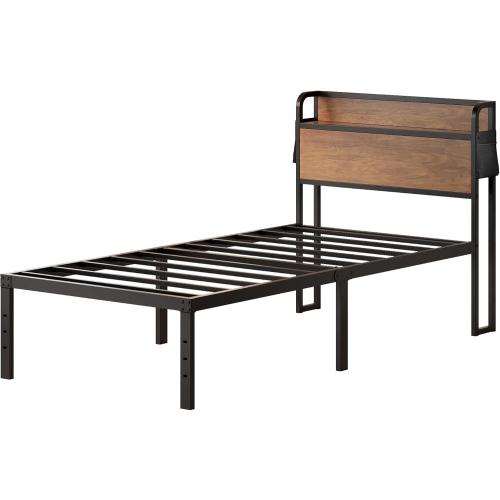 Maenizi 16 Inch Twin XL Bed Frames with Wood Headboard, Storage Bed Frame Twin XL No Box Spring Needed, Noise Free, Mahogany