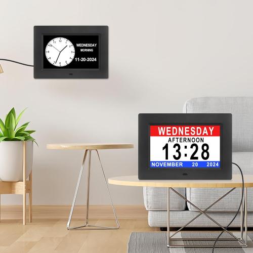 Black 7inch Johnziny Digital Clock with Day and Date for Elderly Large Display Digital for Elderly Dementia Clock Alarms, 12 Alarms and 8 Tags,4 Colors Display Calendar Alarm Clock(Black)