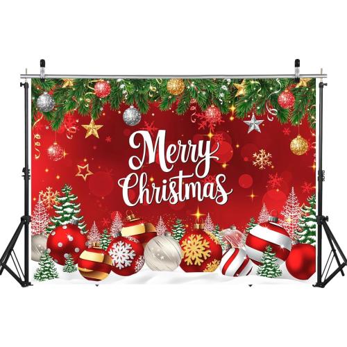 7x5ft Red Christmas Backdrop Merry Christmas Photography Background Xmas Tree Bell Snowflake Party Decoration Banner X-324