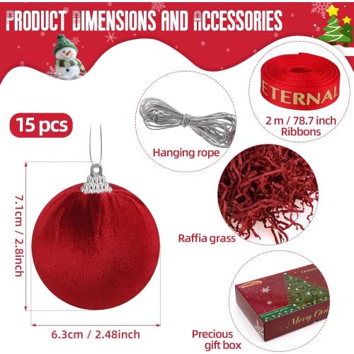 Woration 15pcs Christmas Tree Velvet Ball Hanging Red Ornaments DIY Decorations 2.36 inches Flocked Balls Shatterproof for Tree Xmas Holiday Party