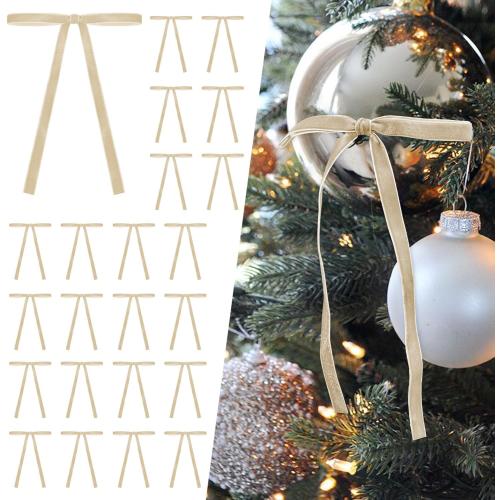 SIMISI RIBBON 24Pcs Champagne Christmas Velvet Ribbon Bows Decorations Xmas Ornaments Vintage Decor for Tree, Wreath, Garland (3/8'' Width, 5 * 7 inch)