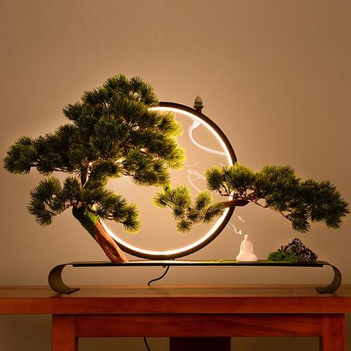 Zen Artificial Tree with Lamp Rings, Realistic Simulation Bonsai, Welcome Pine Faux Potted with Backflow Incense, Artificial Bonsai for Home Office Garden Patio Farmhouse Decoration (Pines)