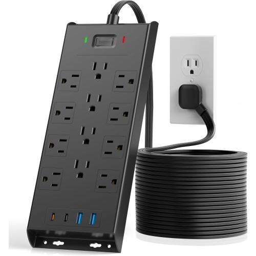 Surge Protector Power Strip 4800J, LeZone 10Ft Long Extension Cord Flat Plug, 12 Outlets 2 USB C 2 USB Ports, Wall Mountable, Desk Charging Station, Black