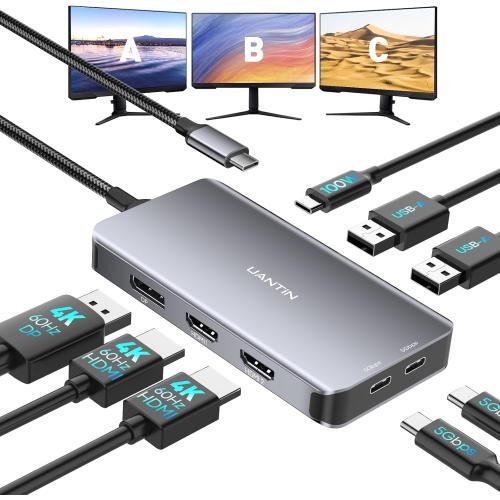 UANTIN USB C Docking Station Dual Monitor Adapter, Laptop Docking Station 3 Monitor Triple 4K60Hz Display with 2 HDMI, 4K120Hz DisplayPort, USB-A & USBC Data, 100W PD, USB C Dock for Dell, HP, Lenovo
