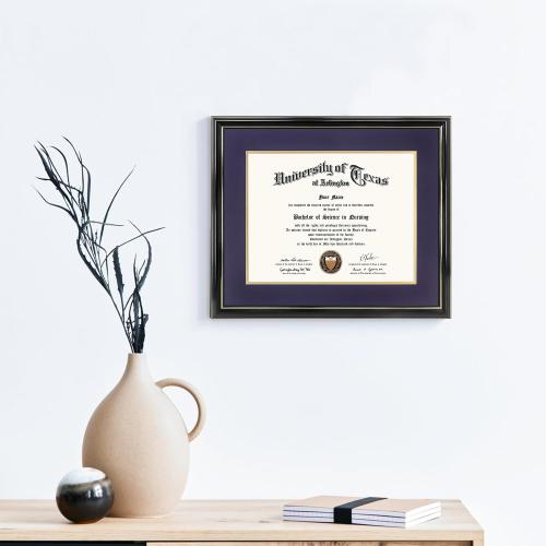 GraduationMall 11x14 Diploma Frame with Purple over Gold Mat or Display 15x18 Certificate without Mat,Solid Wood & UV Protection Acrylic,Glossy Black Finish with Gold Trim