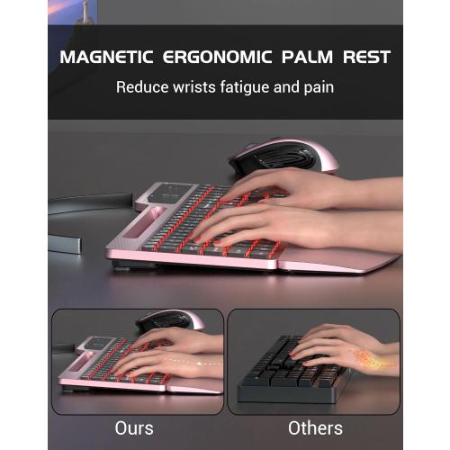 Pink and Black Wireless Keyboard Mouse Combo, Full Size Ergonomic Keyboard with Backlit, Wrist Rest, Calculator, Phone Holder, 2.4Ghz Silent Cordless Rechargeable Keyboard & Mouse for Laptop, PC (Pink Black)