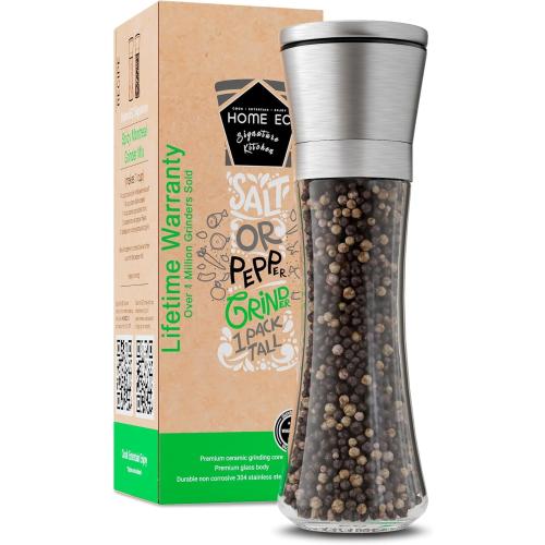 HOME EC Original Stainless Steel Salt or Pepper Grinder 1pk - Adjustable Ceramic Sea Salt Grinder or Pepper Mill - Tall Glass Spice Shaker - Spice Mill w/EBook