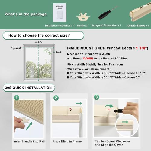 Tonature No Drill Cellular Shades for Indoor Windows, Thermal Insulating & Noise Reducing Honeycomb Blinds, Free Stop Cordless Blackout Shades, Beige, 34 W x 64 H