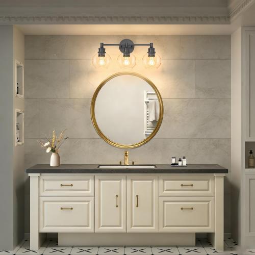 Bathroom Light Fixtures, 3-Light Matte Black Vanity Light Globe Glass Shades, Bathroom Lighting Fixtures Over Mirror, Wall Sconces for Master Bathroom, Guest Bathroom, Powder Room, 20-inch