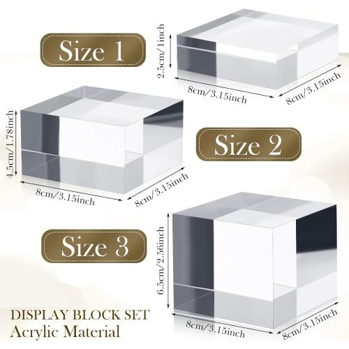 Geelin Acrylic Risers Stand Display Block Decor Riser 3 Size Decor Clear Polished Acrylic Cube Solid Pedestal Stand Square for Jewelry Perfume Photography Collection Food Doll Wedding(3 Pcs)