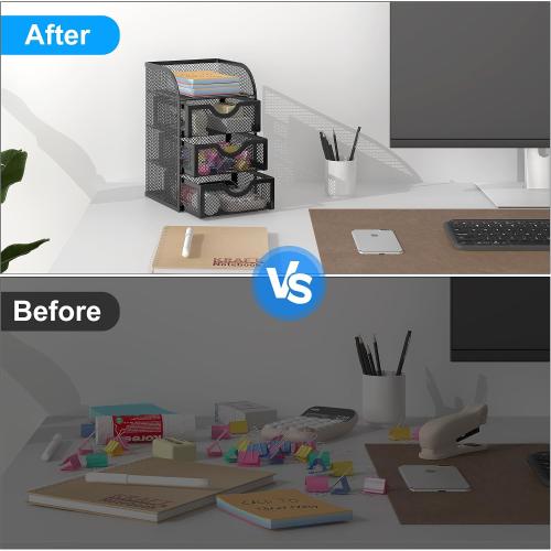 EasyPAG Mesh Desk Organizer with 3 Drawer Office Desktop Organizers and Accessories Stationery Caddy for Office, Home, Students, Black