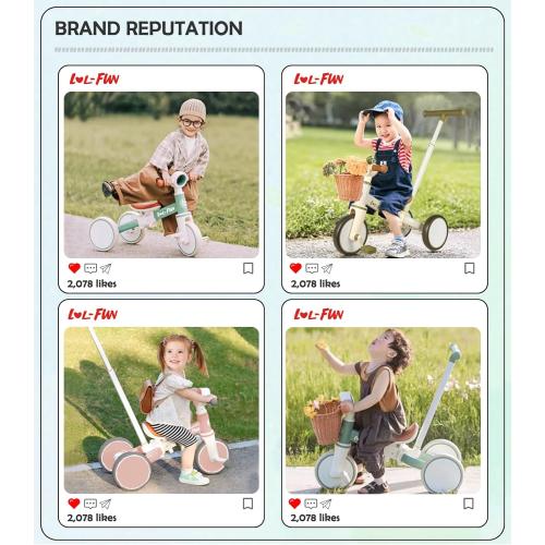 LOL-FUN 5 in 1 Toddler Tricycles for 1-3 Year Olds Boys Girls Toy with Parent Steering Push Handle, Baby Balance Bike 1 Year Old Kids Gift