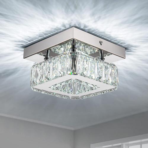 6.3 Crystal Ceiling Light Fixture, Mini Square Chandeliers 6500K Cool White Modern Flush Mount Ceiling Light, LED Small Chandelier for Hallway Bedroom Foyer Kitchen Bathroom