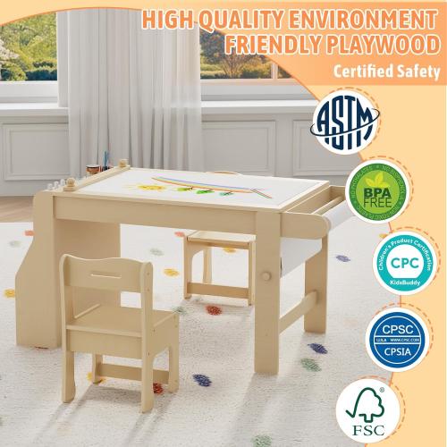 Kids Art Table with 2 Chairs, Kids Craft Table with Storage, Wooden Activity Desk for Toddler Crafts, Drawing Learning Desk with Storage, Paper Roll, Chairs, Gifts for Boys and Girls