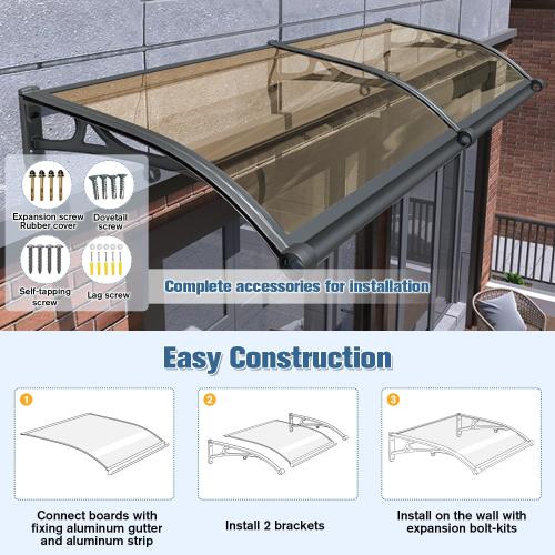 Awning for Door Entrance, Window Awnings Exterior with Aluminum Bracket Polycarbonate Board, Patio Balcony Porch, UV Rain Snow Protection Brown 60x130cm/24x51in