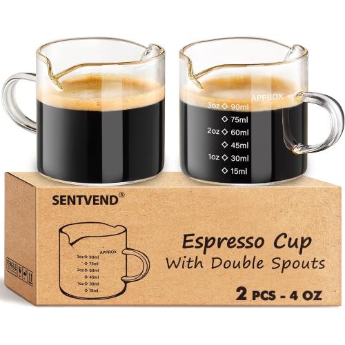 SENTVEND Espresso Cups Set of 2, 4 Oz Espresso Shot Glass with Handle Double Spout Measuring Cups with Scale Clear Glass Milk Cup Coffee Accessories Great for Making Coffee Desserts Salad Dressing