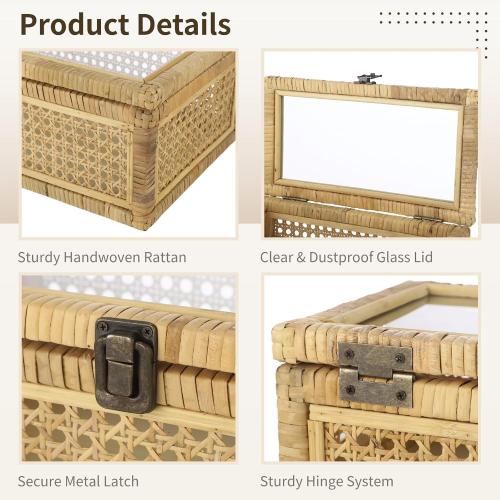 Rattan Decorative Boxes with Glass Lids, Set of 2 Large Rectangular Woven Wicker Display Baskets, Boho Handcrafted Storage Bins for Shelf & Home Decor