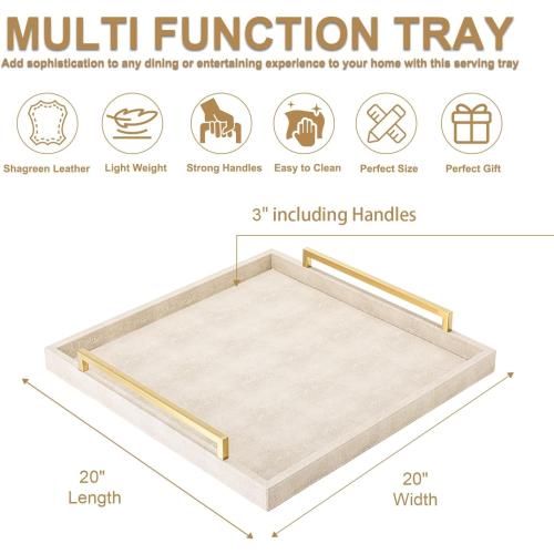 Large Ottoman Tray for Coffee Table,Square Shagreen Leather Decorative Tray with Gold Handles for Living Room Decor