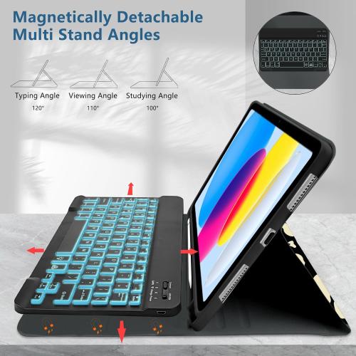 TopPerfekt for Bluetooth Keyboard iPad 10th Gen 10.9 inch (2022) case iPad (A16) 11th/ 10th Gen Case 11'' (2025) with 7-Color Backlights, Pencil Holder, Detachable, Rechargeable - Cow Beige