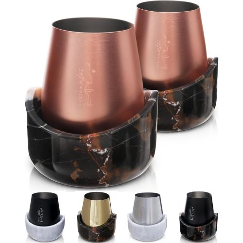 Gusto Nostro Marble Wine Chiller for Glass and Stainless Steel Tumbler Set of 2 - Wine Glass Chiller Holder for Freezer - Cool Set Chillers & Stemless Wine Metal Tumblers for Home,Bar (RoseGold Black)