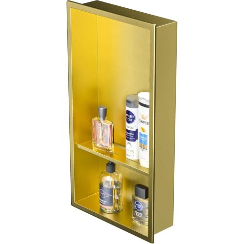 Stainless Steel Shower Niche 12 X 24 Gold with Double Shelves No Tile Needed Niche Shower for Bathroom Storage Recessed Shower Shelf Over Mount Installation