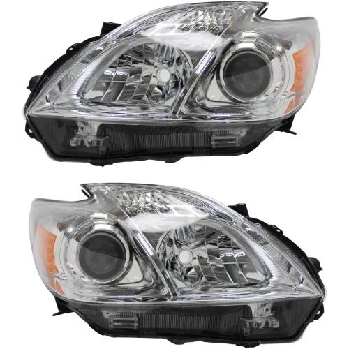 Headlight Assembly Fit for 2012-2015 Toyota Prius,Halogen Headlamp Replacement Driver Passenger Side Chrome Housing Amber Reflector Clear Lens TO2518134 TO2519134