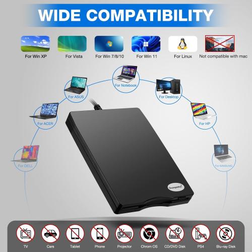 Floppy Disk Reader, 3.5 inch 1.44mb External USB Type A/C Floppy Disk Drive for PC, Laptop and Desktop Compatible with Windows 11/10/8/7/2000/XP, Not Compatible With Mac and Chrome, Black