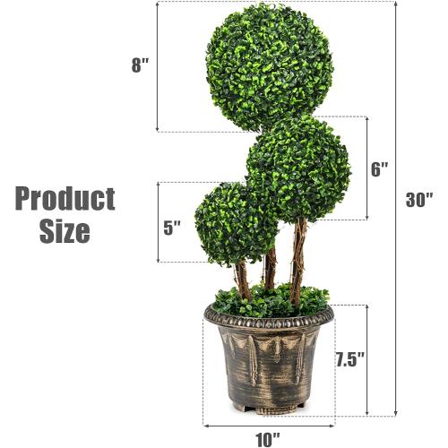 Artificial Boxwood Topiary Tree, 2.5ft Triple Ball Shaped Faux Topiary Tree w/Weighted Pot, Metal Frame, Fake Green Potted Plants Decoration for Indoor/Outdoor/Home/Office, Set of 2