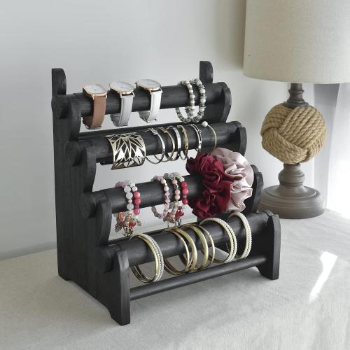 Ikee Design Antique Wooden 4 Tier Jewelry Bracelet Display Stand Bangle Scrunchie Organizer Holder for Store, Showcase and Home Storage, 12 W x 9 D x 14 H, Black Color