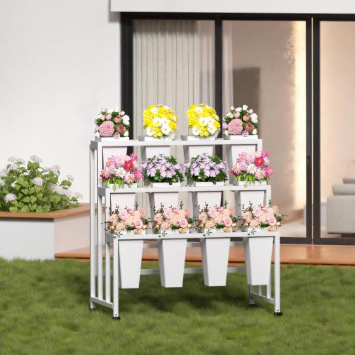 Flower Display Stand with 12 Buckets, 3 Layers Flower Bar, White Metal Plant Stand with Wheels, Heavy Duty Flower Cart for Indoor Outdoor Patio Garden Wedding Florist, White Metal Frame