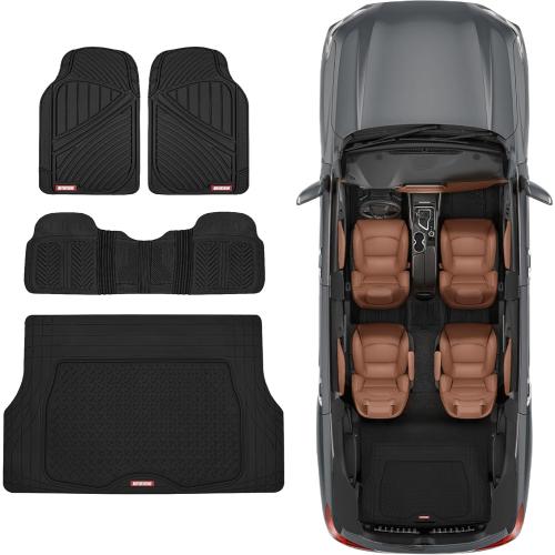 Motor Trend FlexTough Performance All Weather Rubber Car Mats with Cargo Liner - Full Set Front & Rear Floor Mats for Cars Truck SUV, Automotive Floor Mats (Black)