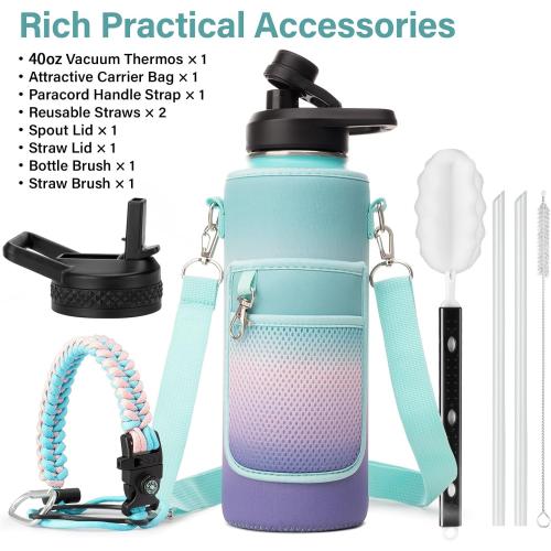 Insulated Water Bottle | Thickened Stainless Steel Vacuum Metal | Portable Sports Water Jug for Gym and Hiking with Straw, Carrier Bag, Handle Strap | BPA-Free 40 oz