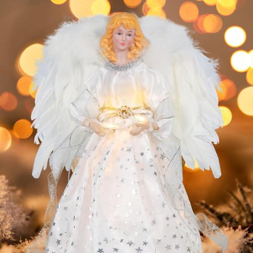 Angel Christmas Tree Topper, 12.6 White Angel Treetopper, 10-Light Angel Tree Topper with Wings, Indoor Christmas Decors, Xmas Home Ornaments (White)
