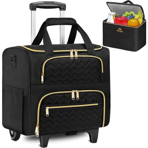MATEIN Rolling Laptop Bag for Women, 15.6 Inch Rolling Briefcase with Wheels &Detachable Cart, Roller Computer Teacher Tote Bag with Insulated Lunch Box Gift for Nurse Work Business Office, Deep Black
