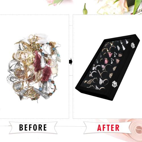 Velvet Jewelry Tray 48 Grid Jewelry Display Tray Organizer Box with Transparent Lid Rings Earrings Necklaces Pendants Display Box Suitable for Women and Girls (Black)
