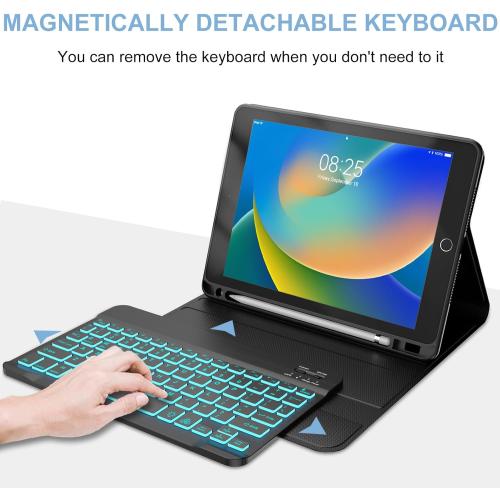 BORIYUAN iPad 9th 2021/8th/7th Generation Keyboard Case, Detachable Bluetooth Keyboard with 7 Colors Backlit, Slim Folio Cover with Pencil Holder for iPad 10.2/iPad Air 3rd Gen/iPad Pro 10.5 Blue