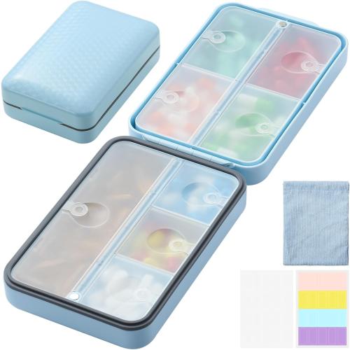 8 Grids Large Capacity Pill Organizer with Labels and Storage Bag, Airtight Medicine Case for Traveling Portable Pharmacy Box Vitamin Container 8 Compartment Supplement Medication Holder Daily, Blue
