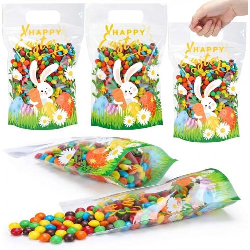 Fuutreo 25 Pcs Happy Easter Gift Bags Self Sealed Bunny Pouches Spring Favor Pouches with Handles Spring Plastic Bags for Egg Hunt Holiday Party Candy Gift Wrap Supplies Decoration(Easter)