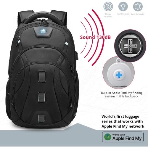 Swissdigital Design Tech Compact Slim Business Backpack for Men with Apple Find My, USB Charging Port, RFID Protection, TSA Friendly, Limited Fit for Thin 17 Inch Laptop, Black | SD1644FB-01
