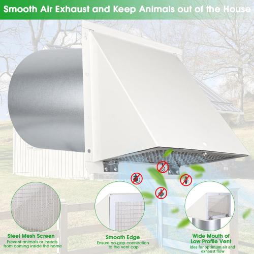 8 Inch Hooded Wall Vent with Screen and Damper,Outdoor Wall Exhaust Vent Cover Cap for Kitchen Range Hood Dryer Duct Ventilation &Exterior Air Exhaust Applications,Galvanized Steel,White