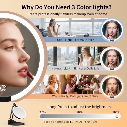 Magnifying Mirror with Light 40X/1X, Double Sided Travel Makeup Mirror with Lights and Magnification, 3 Colors Dimming Lighting, Rechargeable Large Size of 6inch, Foldable Design, 360°Angle Adjustable