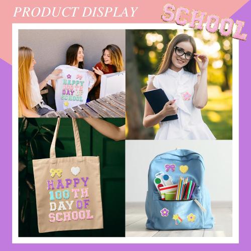 Yungyan 104 Pcs 100 Day of School DIY Shirt Letter Patches Chenille Self-adhesive for Teacher Backpack Cloth Preppy Embroidery Sticker Cute Star Heart Rainbow Patch Craft Hat Iron on Activity Supplies