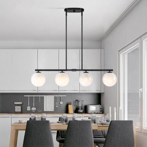 Black Mid Century Globe Sputnik Chandelier Black Island Light Linear Chandelier Milky Art Glass Shade Globe Pendant Light Fixture for Bedroom Living Room Hallway Dining Room Kitchen T720604L-BK