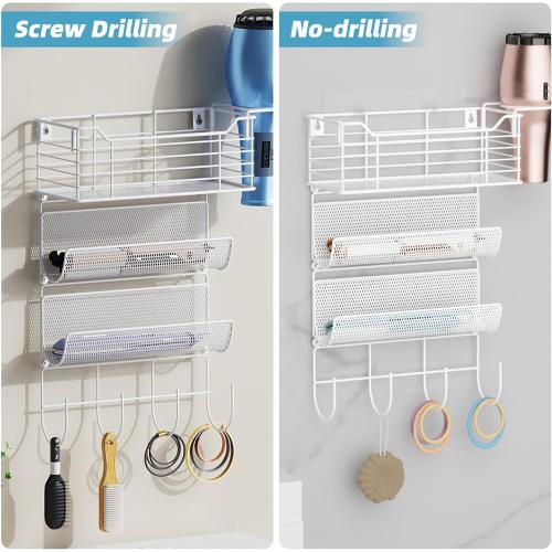 VITVITI Metal Hair Tool Organizer Wall Mount, Hair Dryer Holder with 3 Tier Shelf Basket Hooks, Bathroom Hair Styling Tool Organizer for Curling Iron/Blow Dryer/Straightener, White