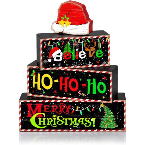 Britimes 4 Pcs Christmas Santa Hat Table Decor Christmas Tiered Tray Decorations Set Santa Hat Block Signs Gift Rustic Farmhouse Tabletop Decor for Table & Home Office