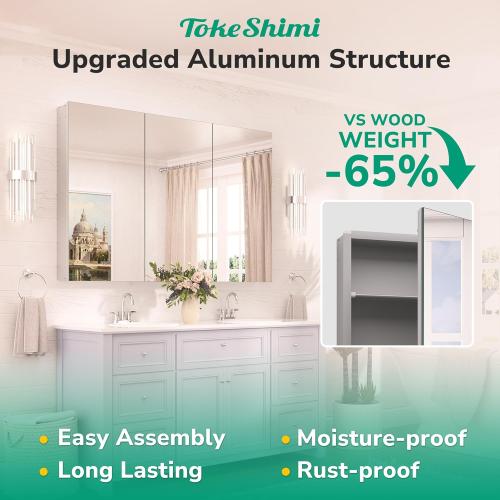 TokeShimi 12 x 36 Farmhouse Medicine Cabinet Recessed or Surface Mount Aluminum, Mirror with Stepless Adjustable Storage, Silver Bathroom Mirror Medicine Cabinet Frameless Metal Modern