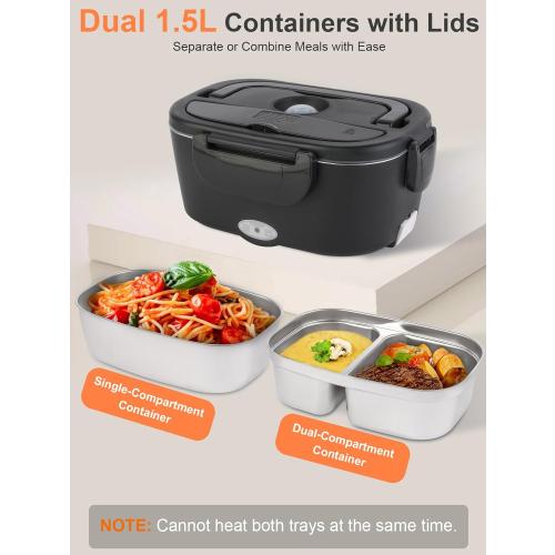 Electric-Lunch-Box-Heated-Food Warmer, 80W Heating Lunchbox for Adults, 2 Pack 1.5L Stainless Steel Containers, 12/24/110V Lonchera Eléctrica Portátil for Work/Car